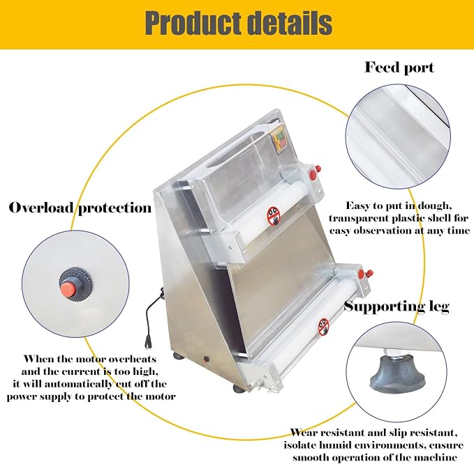 110V Commercial Automatic Pizza Dough Press Machine Adjustable Thickness 370W Electric Pizza Dough Roller Sheeter 4-15.7” Stainless Steel
