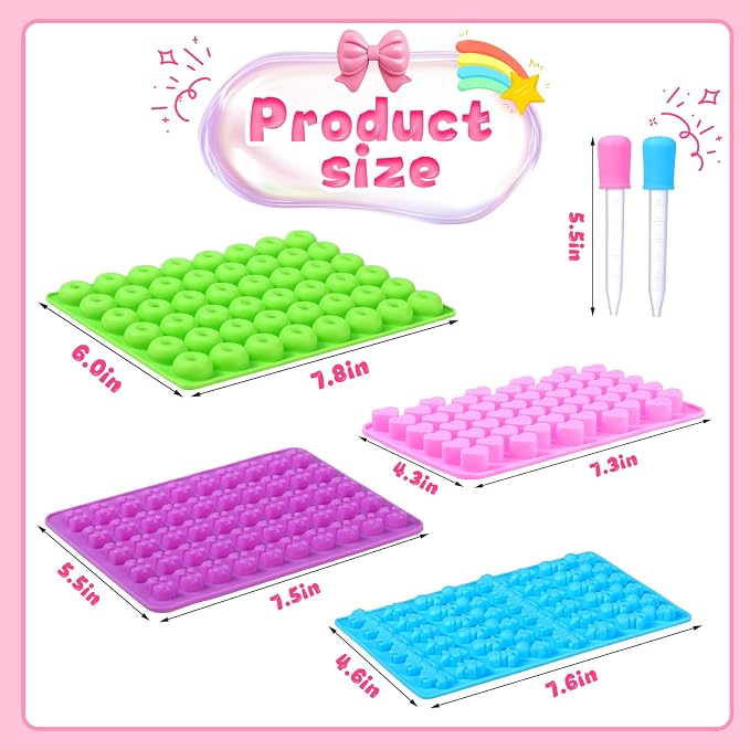 Candy Molds Silicone, with 2 Droppers, Non-Stick Silicone Candy Molds Including Mini Dinosaur, Bear Shape, Hearts and Mini Donut, Set of 4
