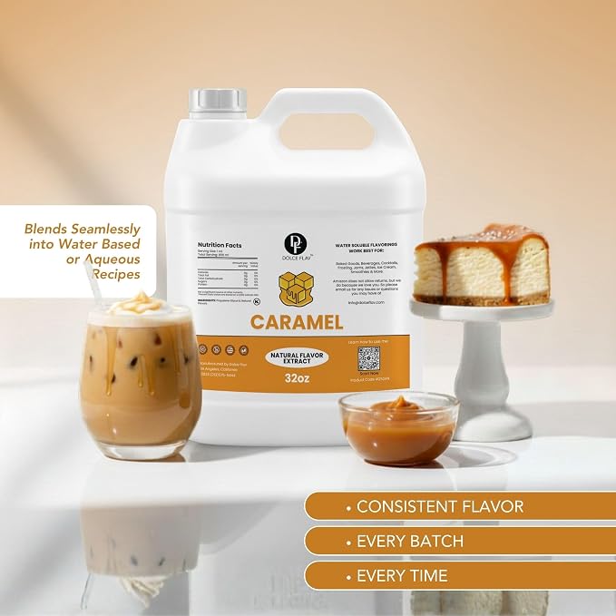 Dolce Flav Caramel Flavoring 32 oz – Bulk Caramel Extract for Coffee Shops, Ice Cream Franchises & Foodservice