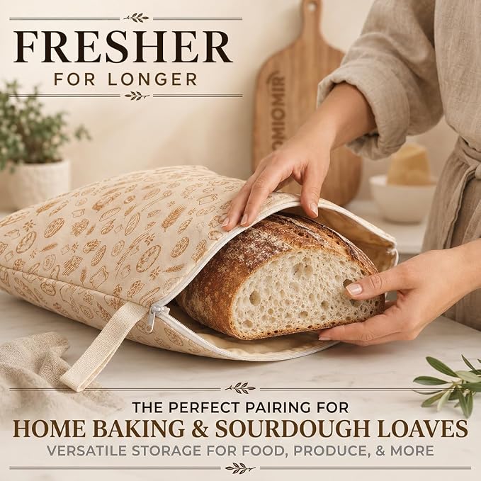 2-Pack XL Beeswax Bread Bags, 13"×17" Large Capacity, Natural Bees Wax & Cotton Re-usable Storage for Fresh Food, Home Baking & Sourdough Loaves, Easy-Access Wide Zipper Seal, Breathable Moisture Lock