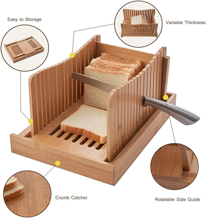 Nature Bamboo Bread Slicer Cutting Foldable Wood Bread Cutter Adjustable 3 Thickness Loaf Bread Cutting Board For Homemade Bread Loaf Cakes Bagels Kitchen Baking Tools