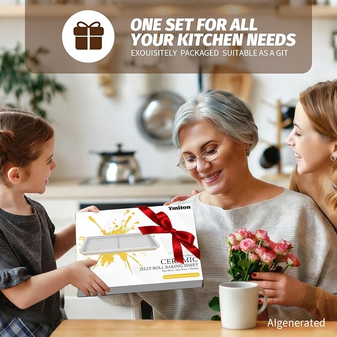 Nonstick Ceramic Baking Sheet With Rack, 2-Pack 15x10 Jelly Roll Sheet Pan, Non-Toxic, PTFE & PFOA Free, Warp-Free, Oven Safe 550°F, Dishwasher Safe, Aluminized Steel, Gray Yellow