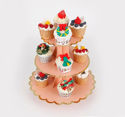 YLDW Cupcake Stand with Lace Trim, 3-Tier Cupcake Stand Display, Cardboard Cup Cake Tower Stand, Disposable Dessert Stand for Birthday Tea Party Baby Shower Treat Decorations, Orange Pink