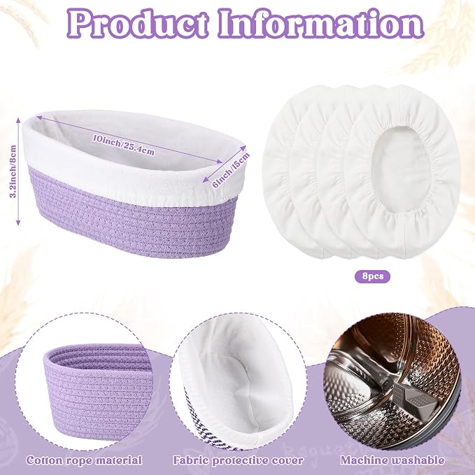 4 Pcs 10 Inch Cotton Rope Banneton Bread Proofing Basket Set Oval Banneton Basket Sourdough Bread with Liners Covers for Baking Supplies (Purple Tones)