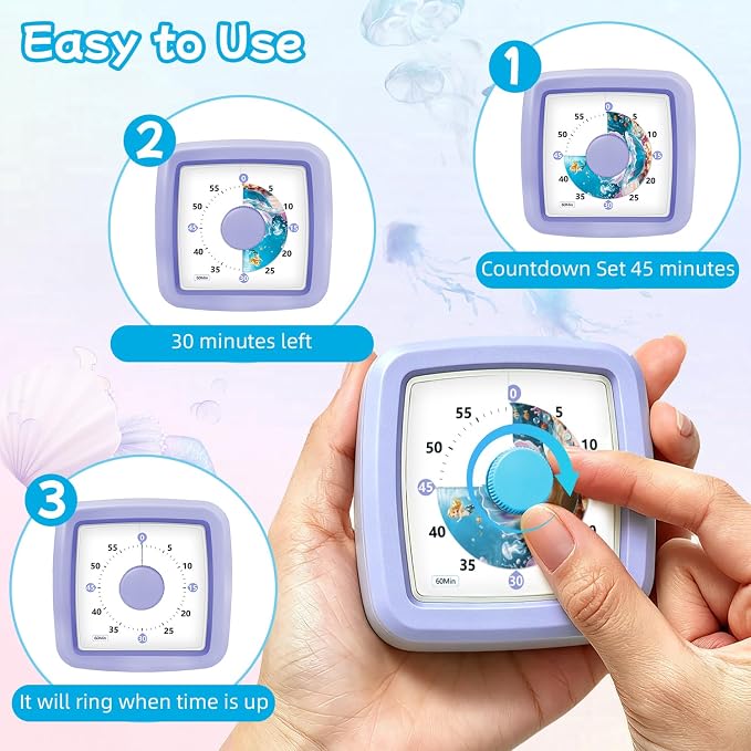Kids Visual Timer 60 Minute – Countdown Clock for Homework, Kitchen Timer for Cooking, Silent Mini Timer with Cute Mermaid Shell Pattern, Gift Timers for Kids Focus & Daily Routines, Purple