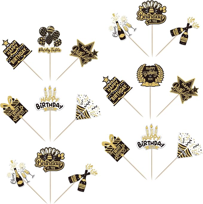 40 PCS Happy Birthday Cupcake Toppers Double Sided Balloon Star Cheers Party Time Happy Birthday Cupcake Picks for Celebrating Anniversary Theme Party Cake Decorations Supplies Black Gold