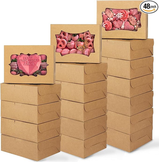TOMNK 48pcs 8x6x2.5 Inches Cookie Boxes, Treat Boxes with 3 Style Window, for Chocolate Strawberries Muffins Donuts and Party Favor