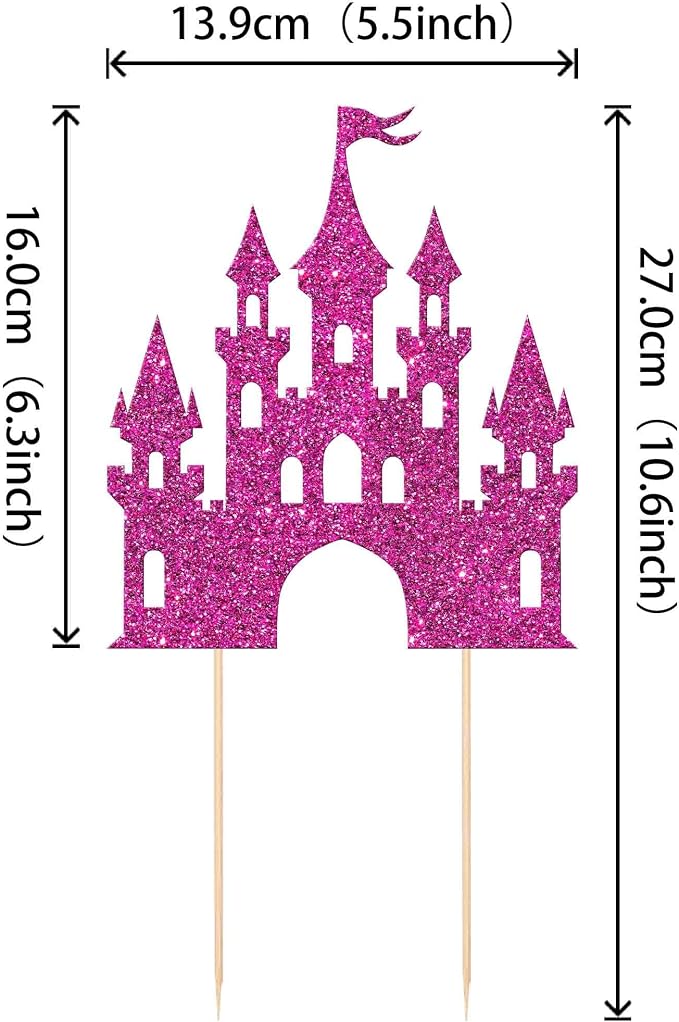 1 PCS Castle Cake Topper Glitter Princess Cake Topper Castle Theme Birthday Party Decoration Princess Happy Birthday Cake Decoration for Baby Shower Girls Princess Birthday Party Supplies Rose Red