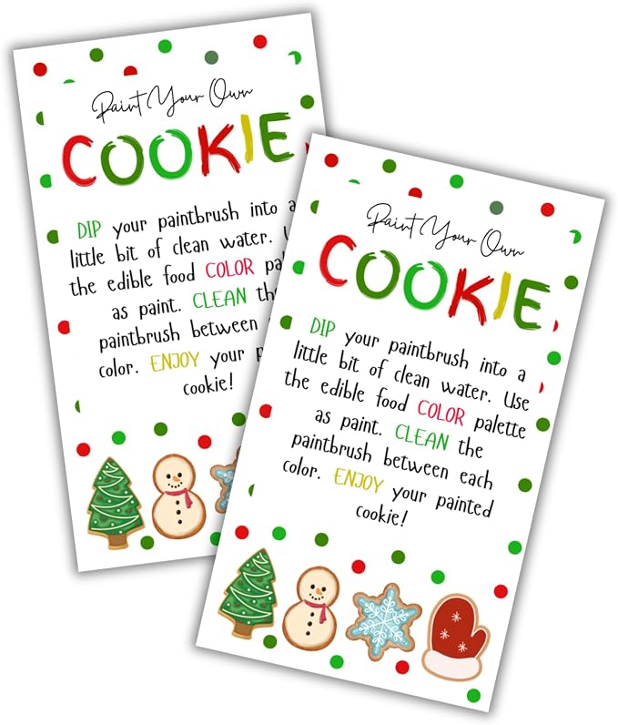 Paint Your Own Cookie Instruction Cards 50pk 3.5x2” for Christmas Holiday Sugar Cookies DIY Decorating Kit Bakers Care Bulk Guide Clients Food Coloring