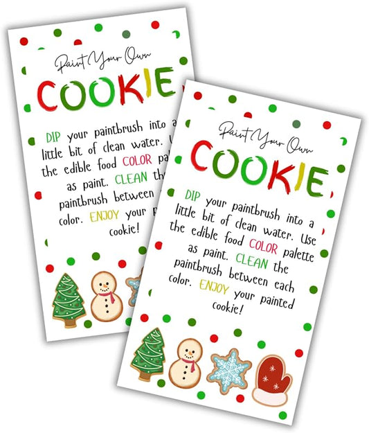 Paint Your Own Cookie Instruction Cards 50pk 3.5x2” for Christmas Holiday Sugar Cookies DIY Decorating Kit Bakers Care Bulk Guide Clients Food Coloring