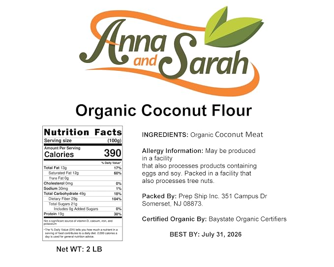 Anna and Sarah Organic Coconut Flour, Kosher, Gluten Free, Halal, Non GMO, Vegan, Keto Friendly, in Resealable Bag (2 LBS)