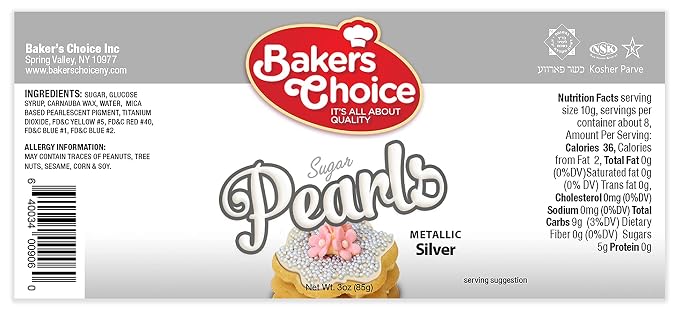Baker's Choice Edible Pearls - Pearl Sprinkles - Metallic Silver Sugar Pearls - Dairy Free - Kosher - 3 oz.