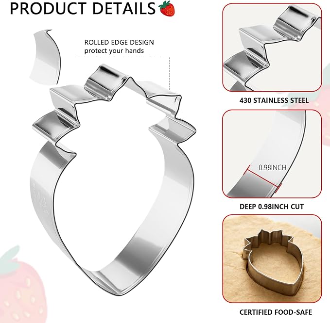 3 Piece Strawberry Cookie Cutter Set - 3.5", 2.83", 2.1" Fruit Cookie Cutters Shapes, Stainless Steel Funny Cookies Baking Cutter for Biscuit Dough Fondant