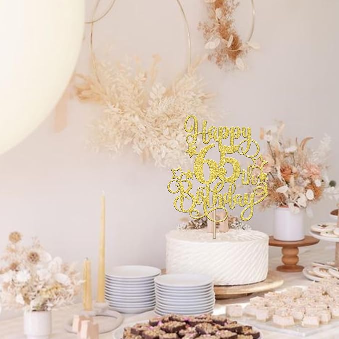 1 PCS Happy 65th Birthday Cake Topper Glitter Cheers to 65 Years Birthday Cake Pick Hello 65 Fabulous Cake Decoration for Happy 65th Birthday Anniversary Party Decorations Supplies Gold