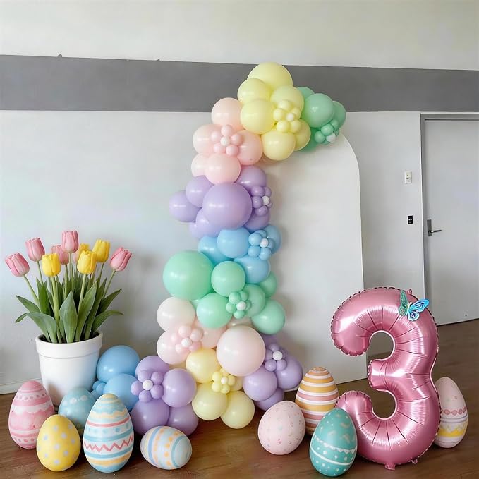 3rd Birthday Decoration for Girls,Easter Pastel Rainbow Macaron 3rd Birthday Balloon Number 3 Balloon Butterfly Stickers Star Heart Foil Balloons Banner Party Decoration for 3 Year Old