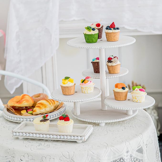 GENMOUS Wood Cake Stands Set of 3, 4 Tier Serving Tray Cupcake Stand, Beaded Rustic Dessert Tower, Round Rectangular Dessert Trays Platters for for Wedding Baby Shower Tea Party (White)