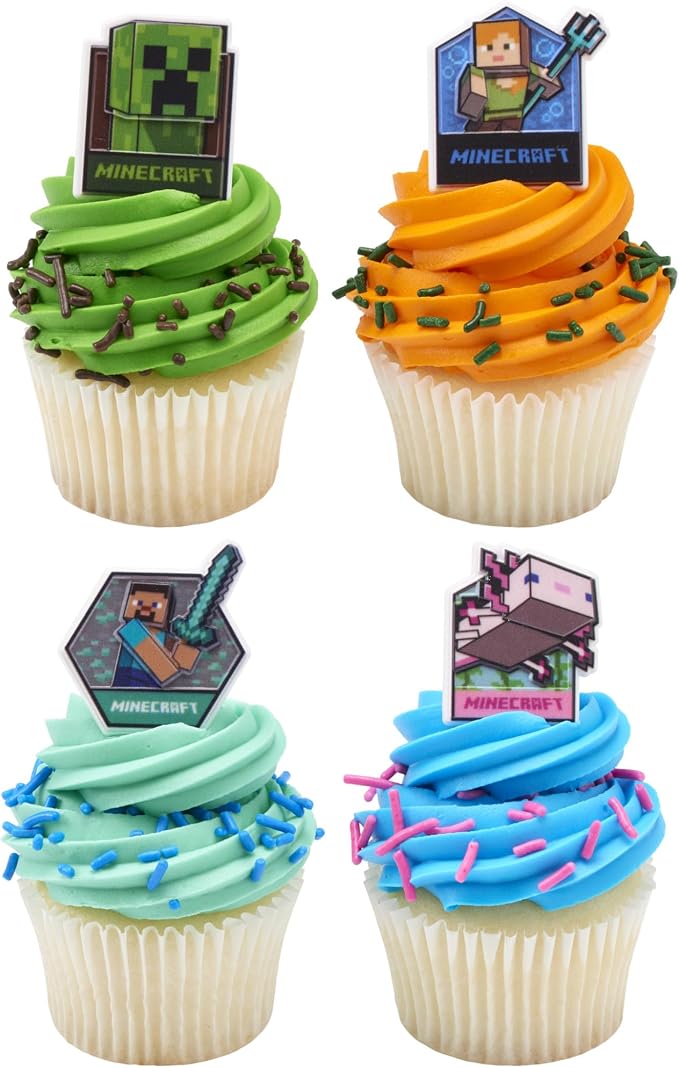 DecoPac Minecraft Lush Finds Rings, Cupcake Decorations Featuring Creeper, Alex, Steve and Axolotl! Multicolored 3D Food Safe Cake Toppers – 24 Count (Pack of 2)