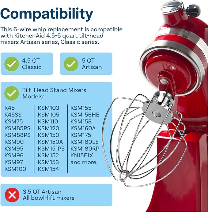 Mixer Attachments for KitchenAid 4.5–5 Quart Tilt-Head Stand Mixers – Compatible with Artisan & Classic – Beaters, Whisks, Dough Hooks & Attachment Sets by MMOBIEL (6-wire Whip, Stainless Steel)
