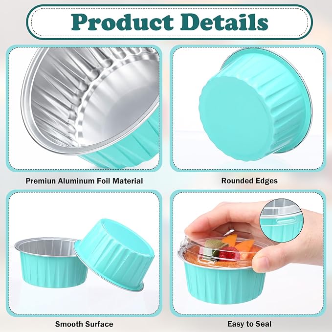 Gejoy 400 Pcs Aluminum Foil Baking Cups with Lids 5 oz Disposable Ramekins Mini Cake Pans Creme Brulee Cupcake Liners Muffin Dessert Container for Wedding Birthday Party (Elegant,Blue Color)
