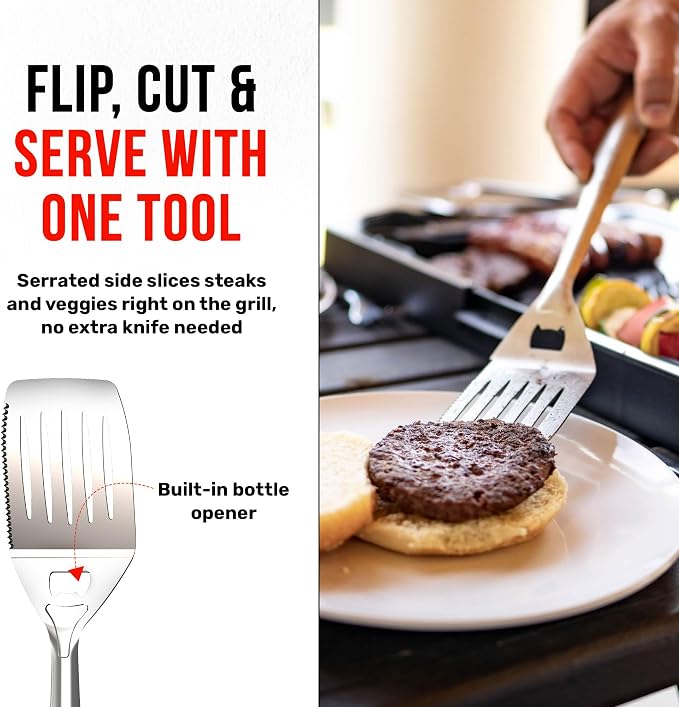 Grillbot 4-Piece Grill Utensils Kit, BBQ Accessories Grill Tools Set, Stainless Steel Barbecue Grill Accessories for Outdoor Grill (Tongs, Spatula, Fork, Basting Brush) Grilling Gifts for Men Dad
