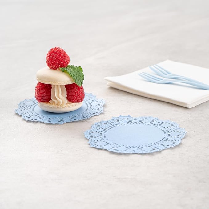 Pastry Tek 4 x 4 Inch Paper Lace Doilies, 4000 Disposable Table Doilies - Elegant Lace Finish, Long Lasting, SkyBlue Paper Doily, for Pastries, Cupcakes, Desserts - Restaurantware