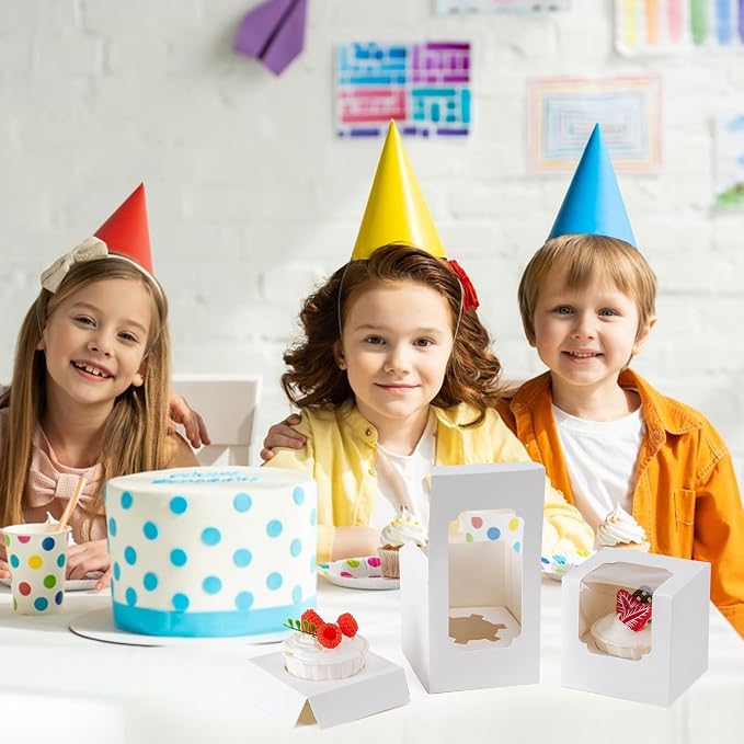 BOOMIBOO 100 Pack Individual Cupcake Containers, Cupcake Boxes with Window, Food Grade Cupcake Holders with Inserts, Stackable Deep Cupcake Carrier (White)