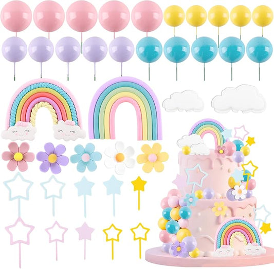 MEMOVAN Rainbow Cake Topper Groovy Cake Decorations with Macaroon Balls Cake Toppers Daisy Flower Cake Decorations Rainbow Theme Cake Cupcake Decors with Cloud Stars for Bohemian Hippie Wedding Party