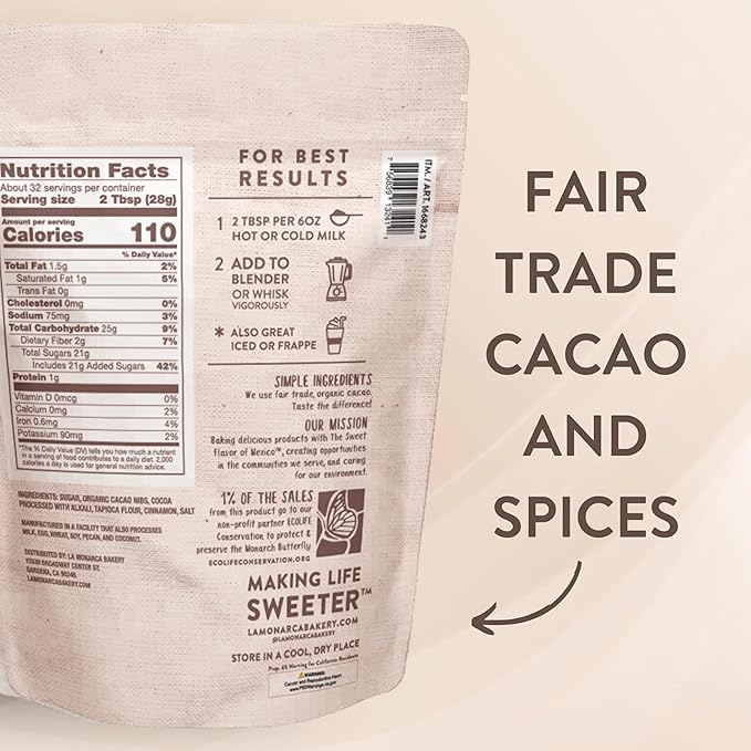 Mexican Hot Chocolate, 32 Ounce (2lb), Authentic Mexican Style Hot Chocolate Mix with Organic Cacao Beans and Cinnamon by La Monarca Bakery | Authentic Mexican recipe from award-winning bakery - rich, creamy texture with premium organic ingredients