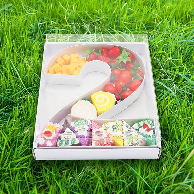 WENPACK 12.5" Cardboard Number Shaped Mache Party Decorative Strawberries Fillable Sweets Candy Box with Clear Lid (white, 2)