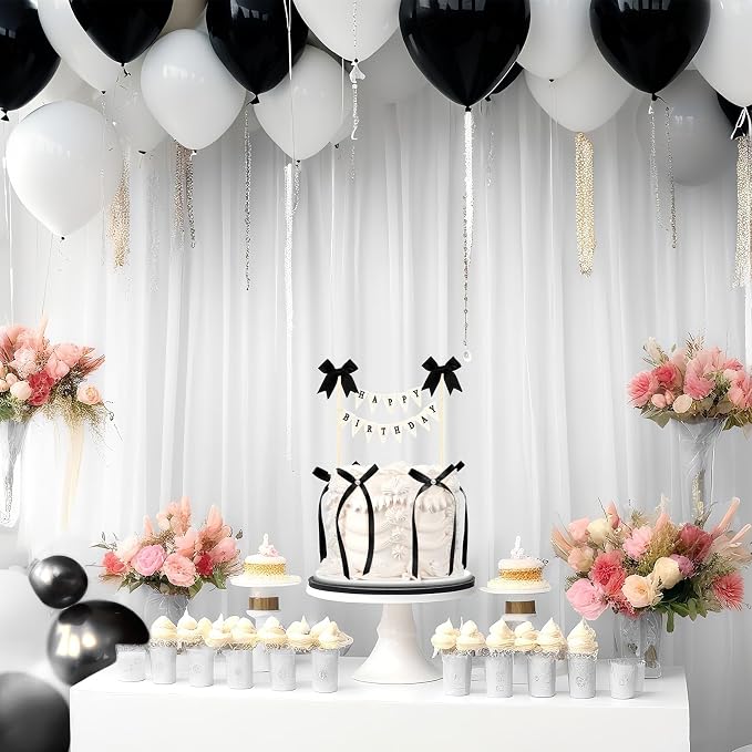 Honeydak 11 Pcs Black Bow Ribbon Cake Topper Happy Birthday Cake Bunting Topper with Wood Pole Handmade Pennant Flags with Bows Ribbon for Birthday, Bridal Party Decoration