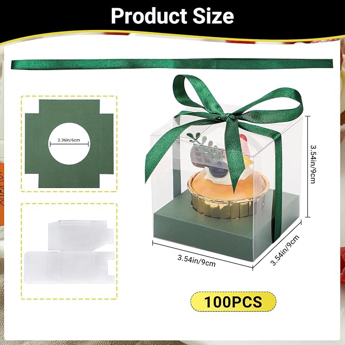 EUSOAR Individual Cupcake Boxes, 3.5 Inch 100 Pcs Dessert Pastry Cupcake Containers with Inserts and Ribbon, Clear Muffins Gift Holder Disposable Cake Carriers for Wedding Party Favor Bakery