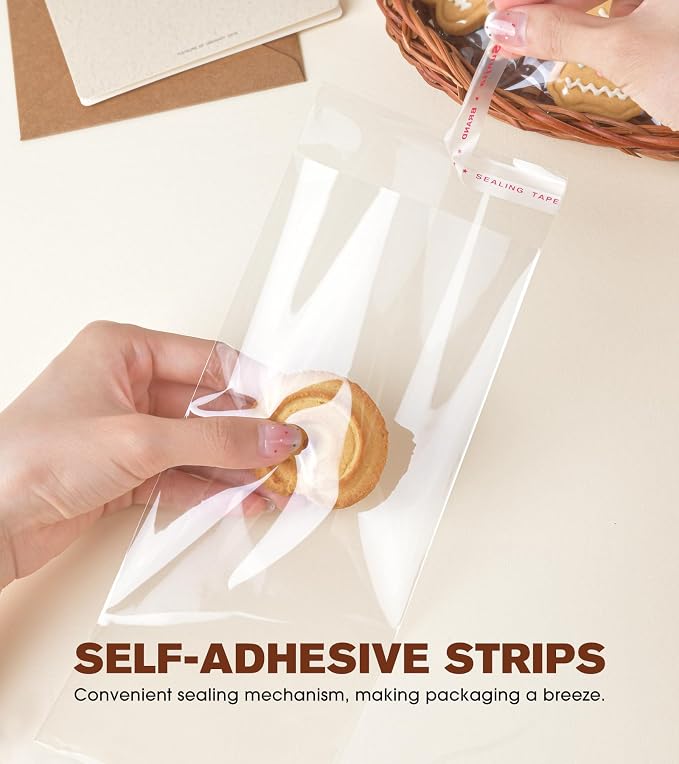 300 Pcs Cookie Bags with Seal, 4x9 Inches Self Sealing Cellophane Bags, Clear Cookie Bag Resealable Treat Bags for Packaging Cookies, Candy, Gifts, Favors, 3 Mils Individual Self Adhesive Wrappers