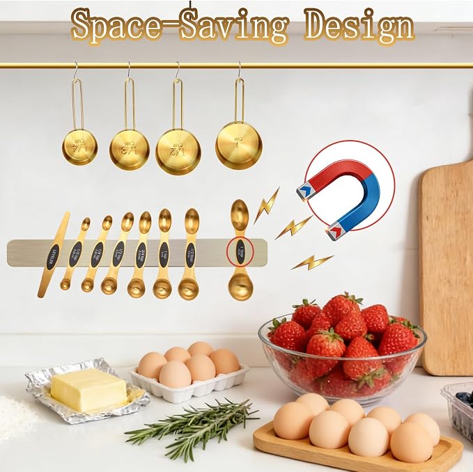 Gold Measuring Cups and Spoons Set of 12，8 Magnetic Measuring Spoons set with Leveler，4 Premium Stainless Steel Gold Measuring Cups，Measuring for Dry & Liquid Cooking Baking for Kitchen
