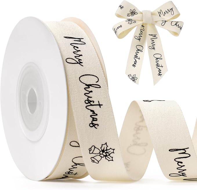Merry Christmas Printed Ribbon 5/8 Inch x 10 Yards Cotton Ribbon for Gift Packaging, Party Decorations, Anniversary Decoration, Handmade Cards