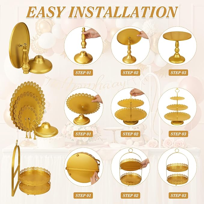 10 Pcs Gold Cake Stand Set Metal Cupcake Stands, Multiple Styles Dessert Display Tower for Candy Fruit, Cake Serving Trays for Birthday, Wedding, Anniversary, Baby Shower, Engagement Party