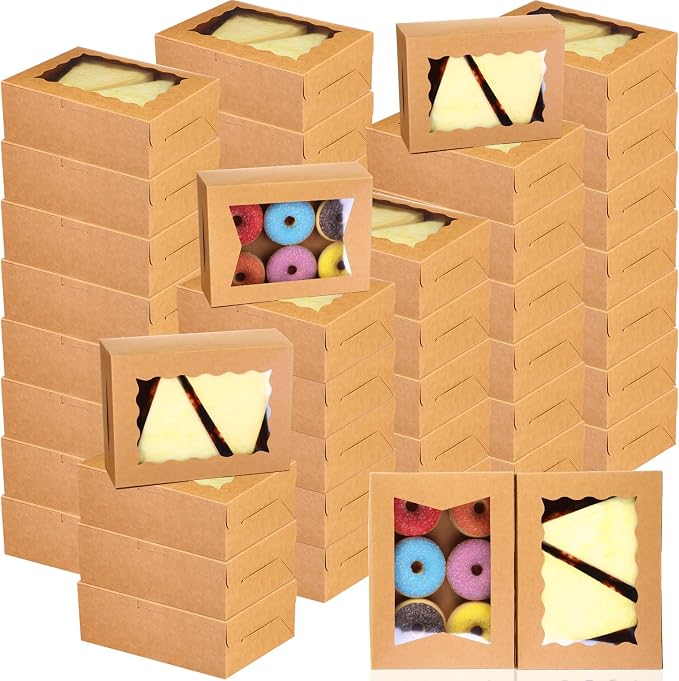 TaoBary 100 Pcs 8 Inch Bakery Boxes 8 x 6 x 2.5 Inch Cookie Pastry Boxes with 2 Style Window for Cookie Treat Chocolate Strawberries Cupcakes Candy Muffins(Kraft)