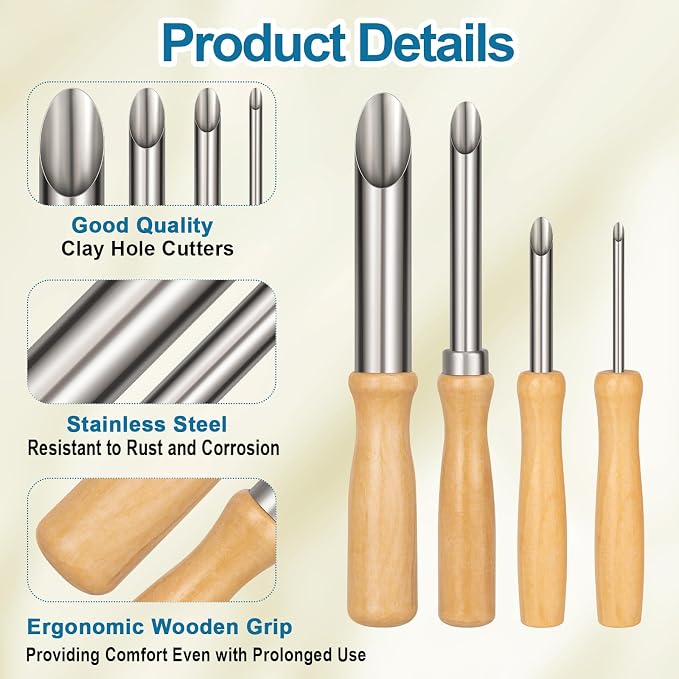 Amrules Clay Tools Kit, 4 PCS Circular Clay Hole Cutters Tools, Wooden Handle and Stainless Steel Sculpting Tools Kit Suitable for Drilling, Carving, Pottery Craft and DIY Projects