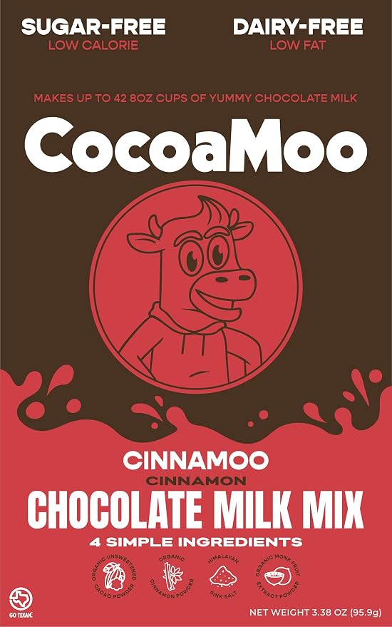 CinnaMoo Sugar-Free, Dairy-Free Cinnamon Roll Chocolate Milk Mix, Organic Cacao Powder with Monk Fruit Extract, No Added Sugar, No Gums or Fillers, Easy to Blend Powder (CinnaMoo - Chocolate Cinnamon Roll)