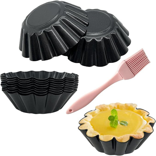 12PCS Egg Tart Molds, 3-Inch Non Stick Mini Tart Pans with Silicone Basting Pastry Brush, Fluted Mini Pie Pans for Baking