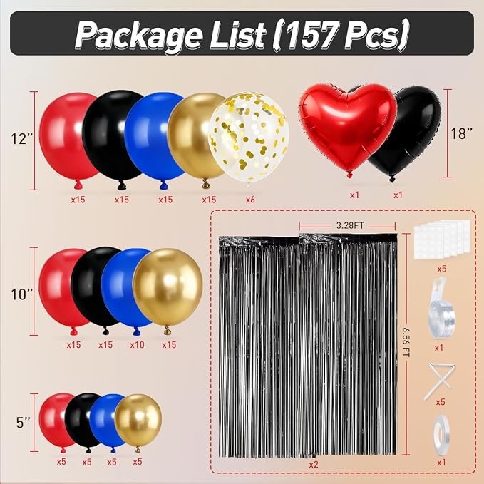 157Pcs Black Gold Red Blue Balloons Garland Arch Kit with Black Fringe Curtain Backdrop for Graduation Birthday New Year's Eve Baby Shower Party Decorations