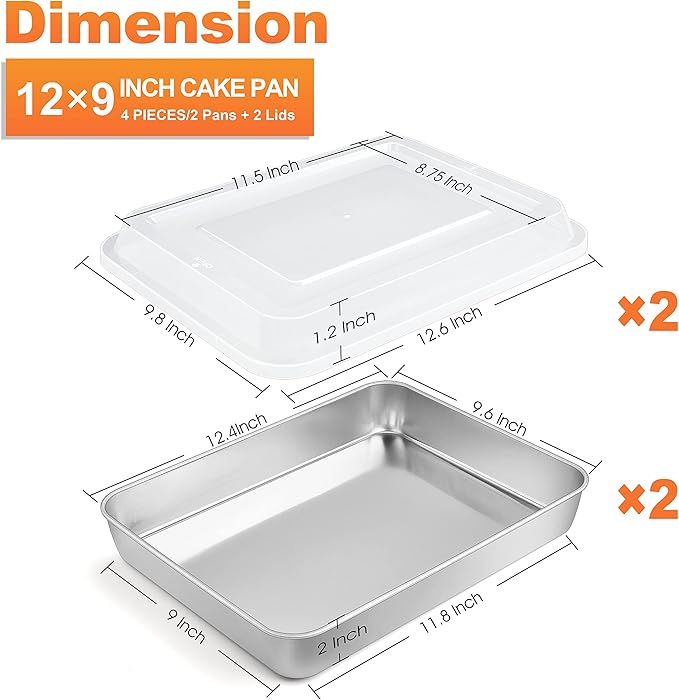 Herogo Baking Pan with Lid (2 Pans + 2 Lids), 9 x 12 Inch Stainless Steel Lasagna Baking Sets Deep, for Cakes Brownies Casseroles, Dishwasher Safe