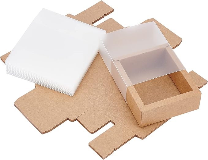 BENECREAT 12 Pack Kraft Paper Gift Boxes with PVC Frosted Cover 4x3.5x1.5 Inch Kraft Paper Drawer Box for Cake Cookie Candy Soap Snacks Weeding Party Favors, BurlyWood