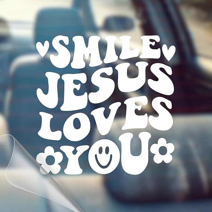 Smile Jesus Loves You - Christian Jesus Cross Car Vinyl Decal Bumper Sticker for Car, Wall, Window, Vehicle, Weather Resistant, Viral, White