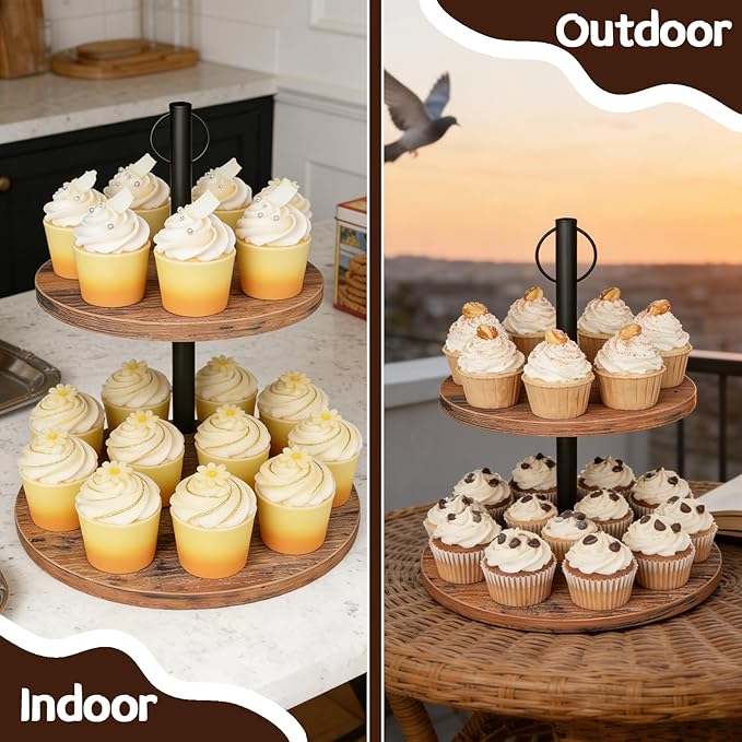 Cupcake Stand, 2 Pack Rustic Wood Cake Stand, 2 Tier Cupcake Tower Round Tiered Tray Stand for Dessert Table Display, Industrial Wooden Serving Stand Wedding, Graduation and Baby Shower