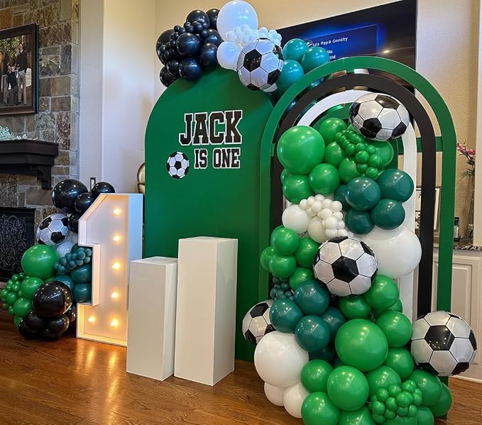 Soccer Party Decorations 153Pcs, World Soccer Balloon Garland Arch Kit with 18'' Football Foil Balloons, Green White Football Print Balloons for Boys Sports Fan Birthday Soccer Party Decor