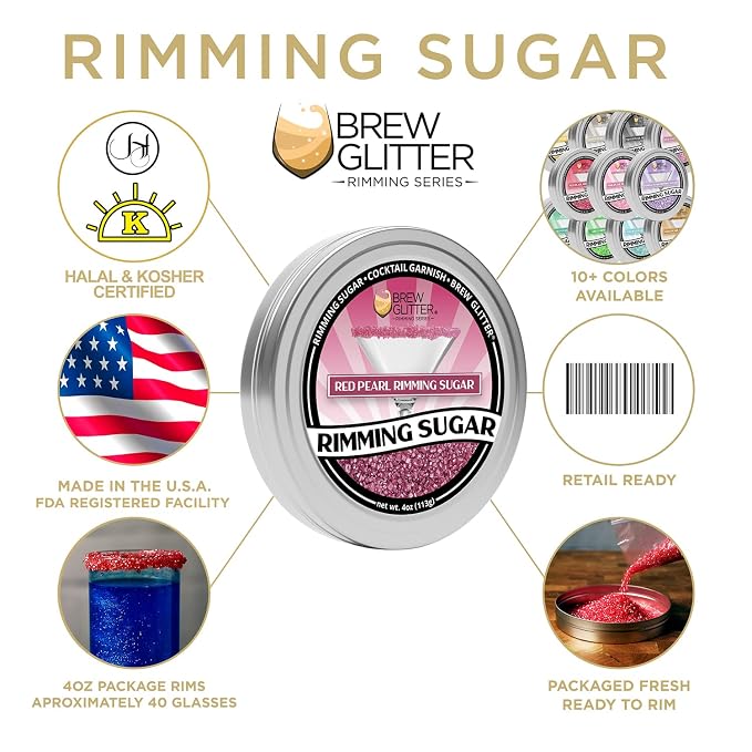 Brew Glitter - Red Pearl Rimming Sugar (1LB, 1x Resealable Bag) Cocktail Garnish for Mixed Drinks & Refreshments
