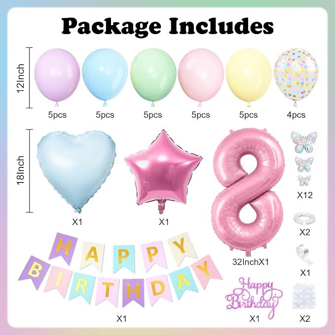 Pastel 8th Birthday Decorations for Girl,Macaron Rainbow 8th Party Decoration Colorful Balloons Banner Star Heart Number 8 Foil Balloon Cake Topper Butterfly Party Decorations 8 Year Old Decor