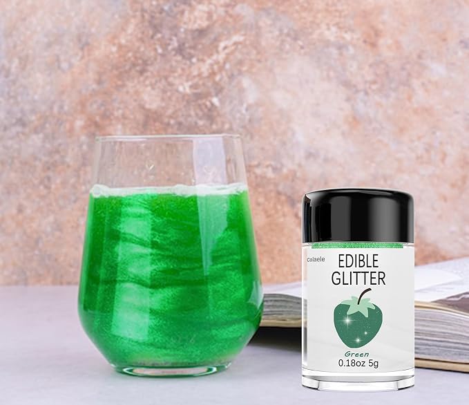 Green Edible Glitter Glimmer Powder for Cakes Drinks - Colaele 5 grams Food Grade Luster Dust Metallic Food Decorating Sprinkle Disco Brew Dust for St. Patrick Decorations Wine Beverage Dessert, Vegan