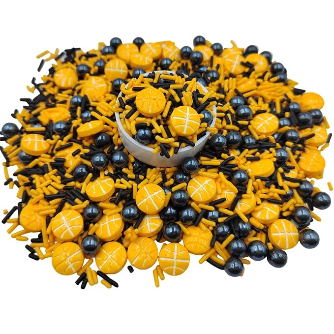 Basketball Sprinkles for Cake Decorating, Edible Sugar Pearl Cake Decorations Black and Orange Jimmies Sprinkles for Cupcake Toppers Baking Cookie Donuts Ice Cream Toppings