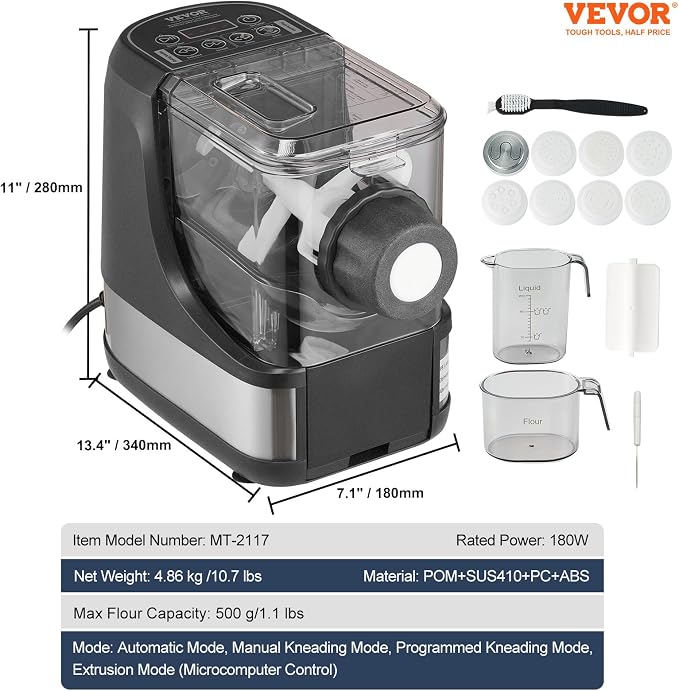 VEVOR Electric Pasta Maker, 150W Automatic Noodle Maker Machine with 8 Pasta Shapes, 4 Intelligent Modes, 500g Flour Capacity Pasta Maker Machine with Measuring Cups, Cleaning Brush for Home Kitchen